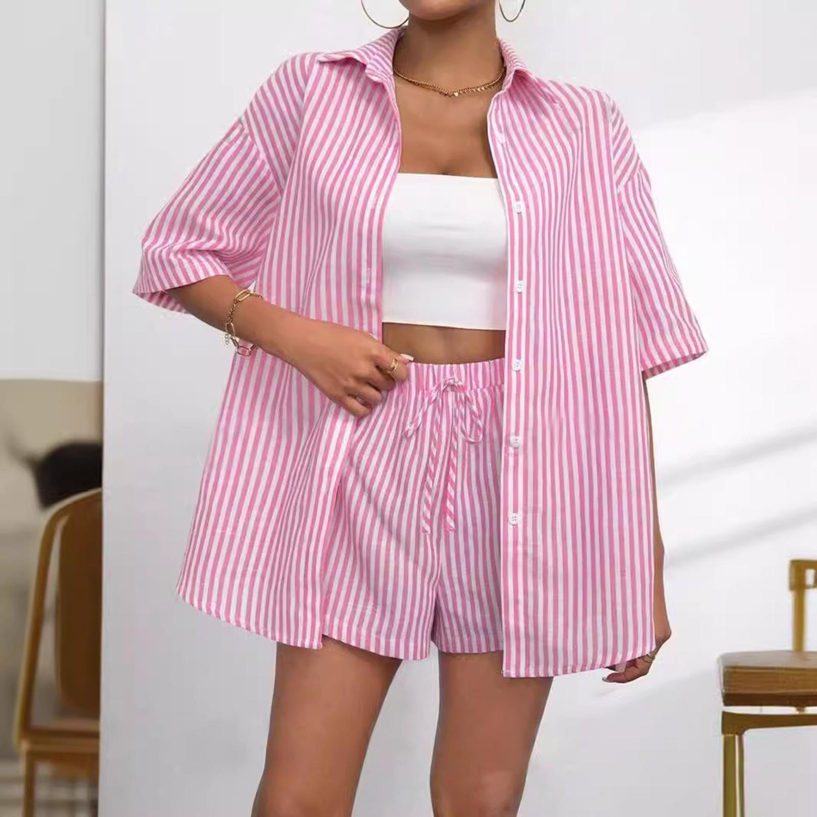 

Women s Casual Two Piece Set Striped Short Sleeve Button Down Shirt with Elastic Waist Shorts Lightweight Summer Outfit M розовый