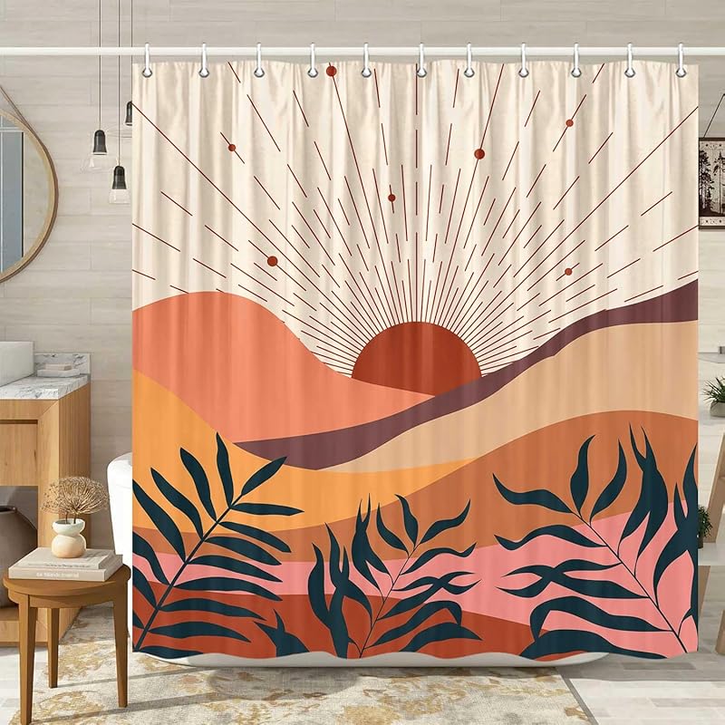 Boho Shower Curtain, Orange Bohemian Mid Century Modern Shower Curtain, Abstract Blue Leaves Plant Grey Minimalist Bathroom Decor Bath Curtain