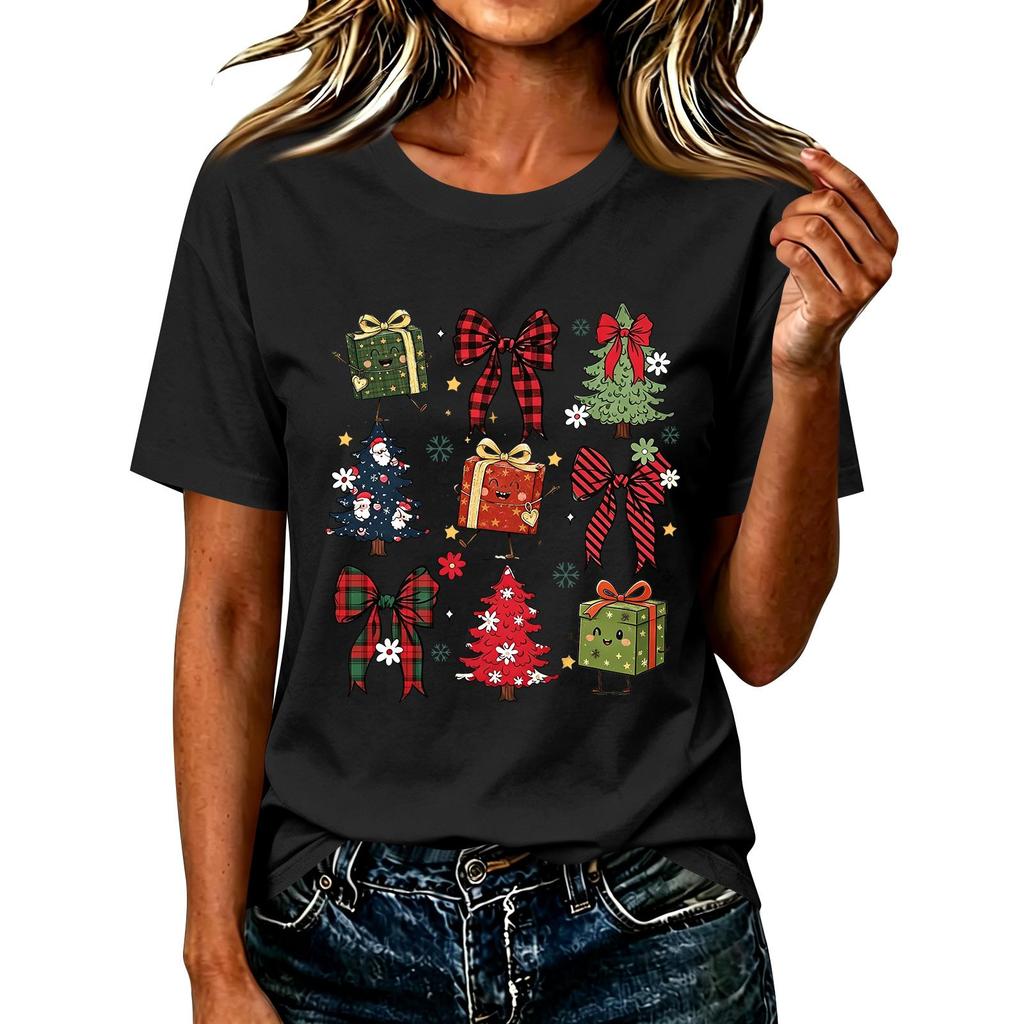 Damen Casual Weihnachten Bedrucktes Kurzarm-T-Shirt mit festlichem Feiertagsdesign