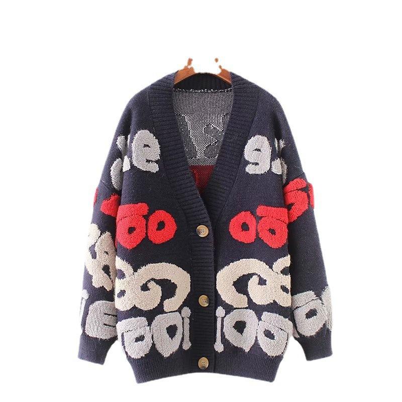 Autumn and Winter Explosion Personalized Letter Jacket Contrasting Colors Large Version Sweater Cardigan V-neck Fashion Lazy Style