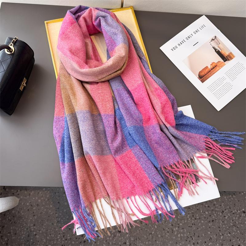 

New Winter Rainbow Plaid Women s Imitation Cashmere Scarf Warm Shawls and Wraps Thicked Pashmina Female Blanket Scarves 200x63cm