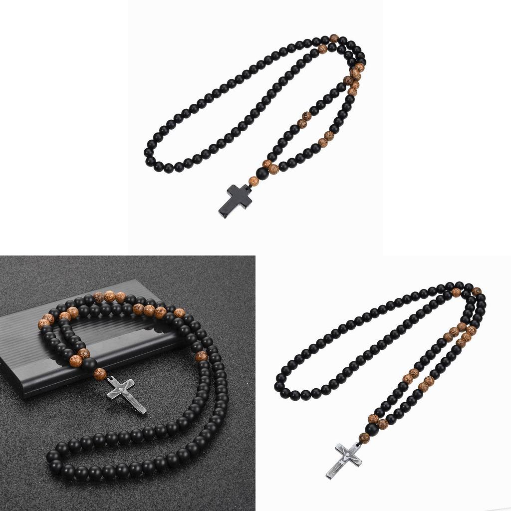 Handgefertigte schwarze Onyx-Kreuz-Halskette für Männer mit geometrischem Design und Perlenkette