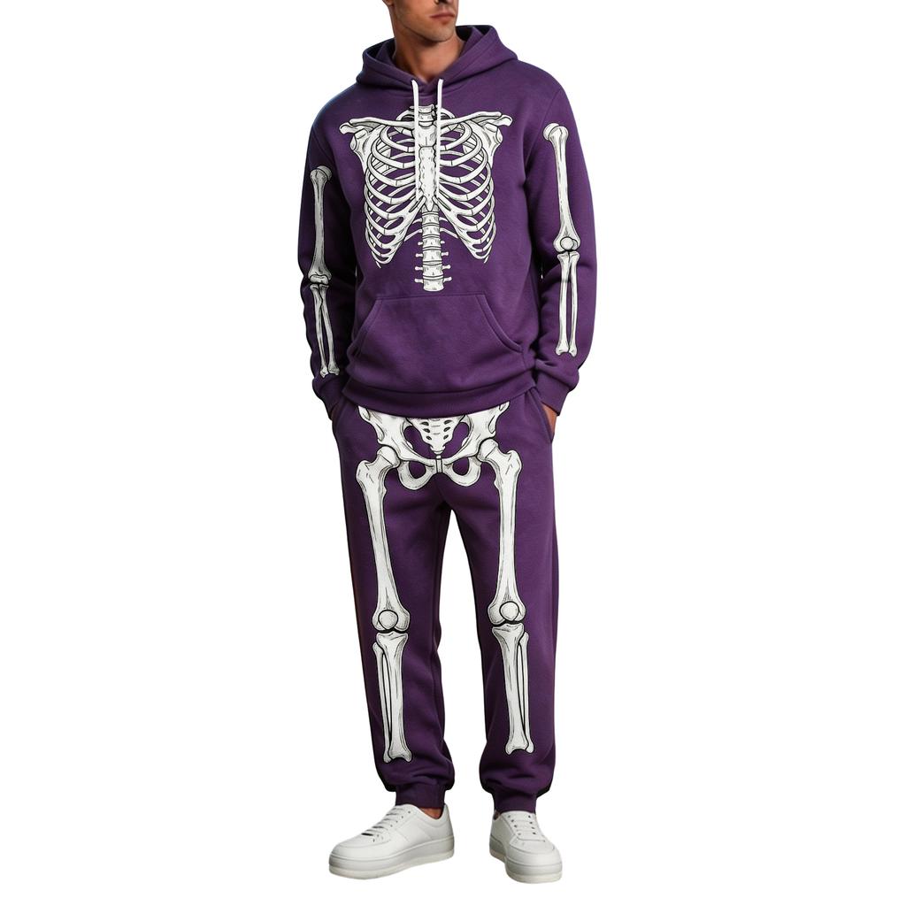 Men's Funny Skeleton Hoodie Halloween Costume Set with Long Sleeve Pullover and Pants