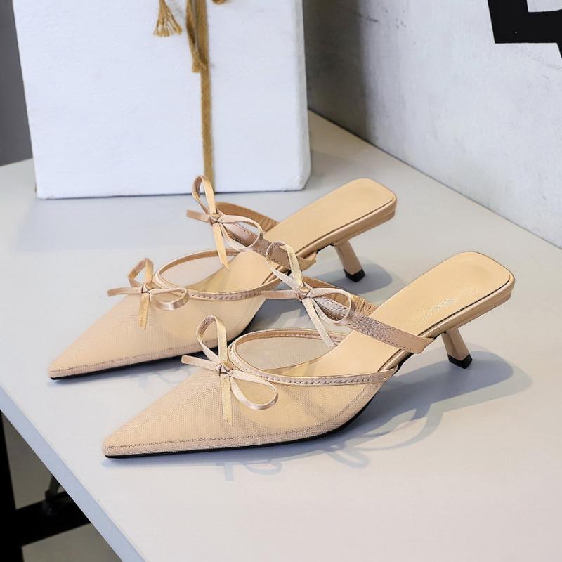 Korean Version Of Lace Half-Tugged Thin Heels For With Pointed Toe Shallow Mouth Bow With One Strap Strap Mid-Heel Slippers