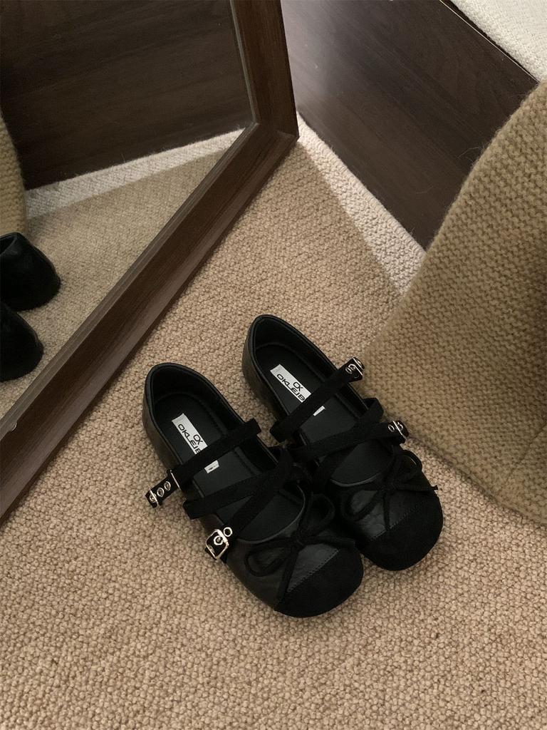 Korean Version of Round Head Suede Splicing Double Row One-word Belt Ladyshoes Women's 2025 New Autumn Versatile Flat Bottom Shallow Mouth Single Shoe