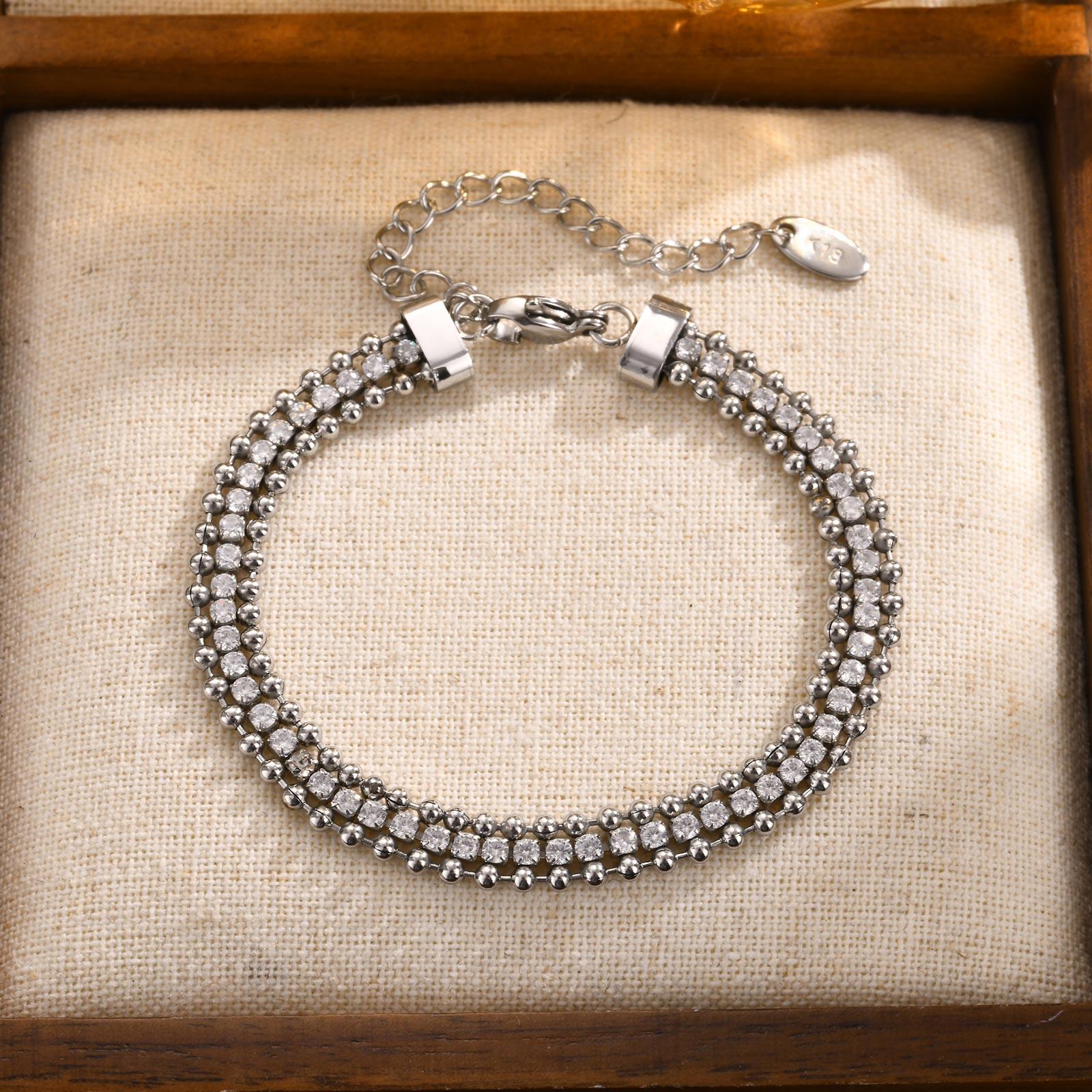 Tennis Bracelet for Women, Cubic Zirconia Chain Bracelet Adjustable,Stainless Steel Wave Bead Chain Three-layer Bracelet Jewelry