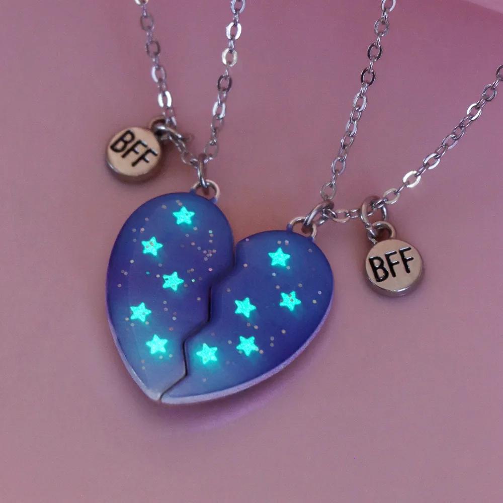 Winoneday 2Pcs/set Heart-shaped Luminous Five-pointed Star Best Friend Necklace for Women BFF Friendship Jewelry Gift
