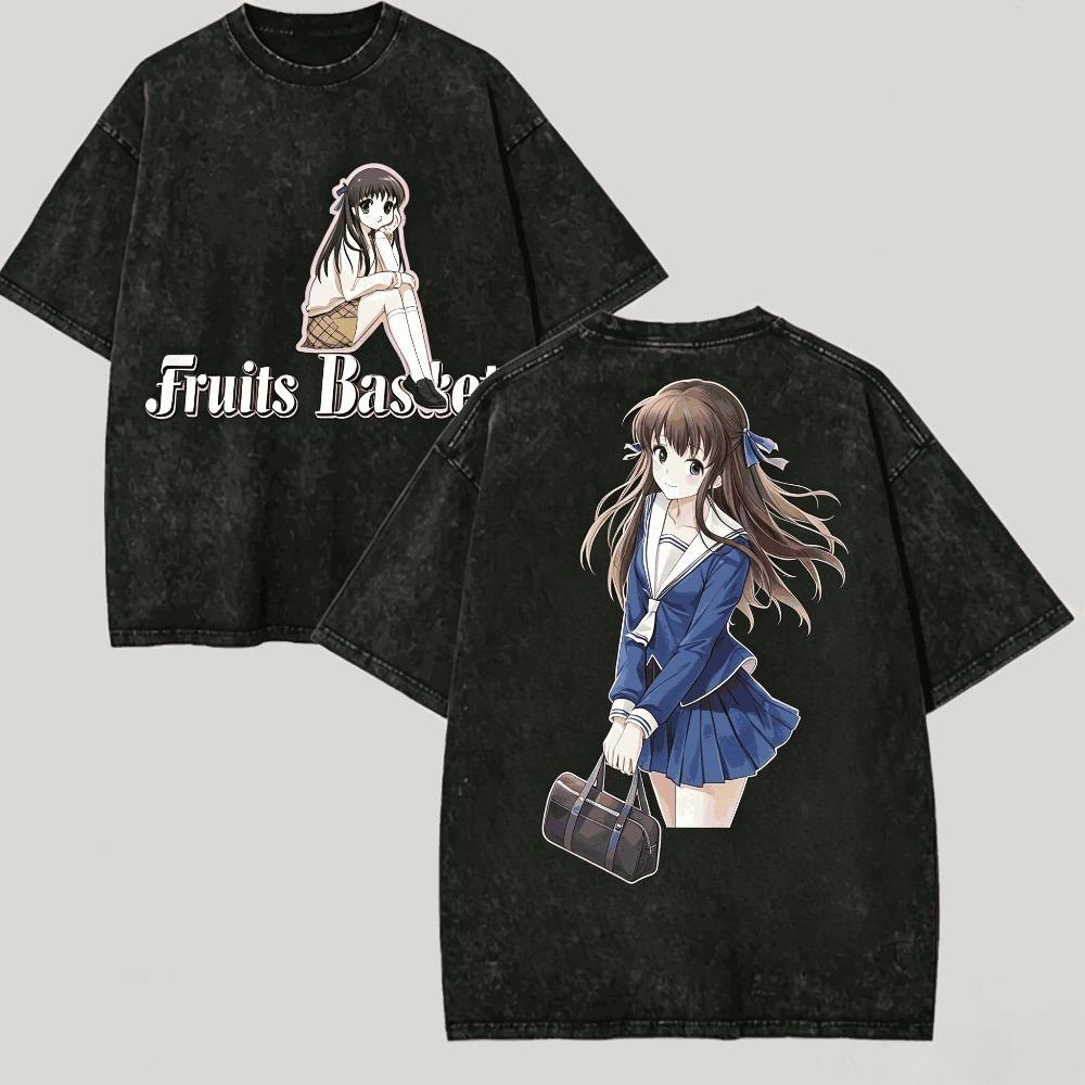 Fruits Basket Shirt Vintage Washed Unisex Oversized Anime Streetwear Soft Cotton Short Sleeve Tee Gift Clothing Tops Hot Sale