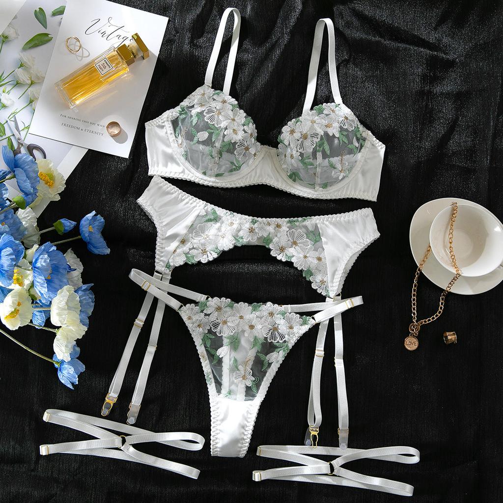 Mesh Embroidered Multi Color Floral Bra Set Hollow Shaping Lingerie Four Piece Suit For Women Underwear