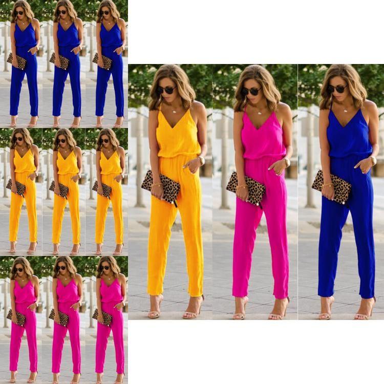 Elegant Damers Spaghetti Stropper Vide Ben Bodycon Jumpsuit Med V-hals Romper Bukser