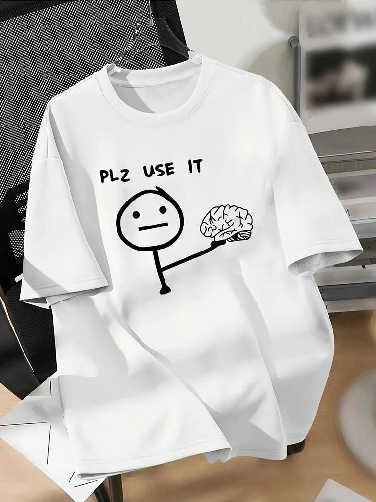 Women's Casual Graphic Tee - "Plz Use It" Cartoon Brain Design Short Sleeve Crew Neck Ladies T Shirts