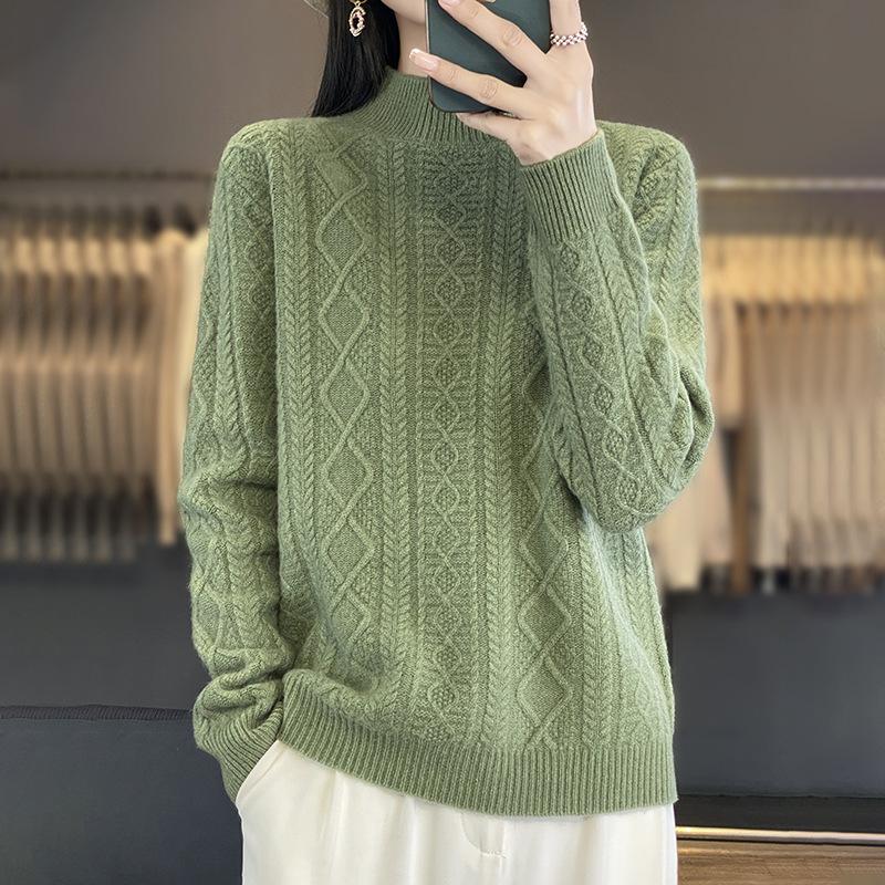 Solid Colour Half High Neck Threaded Stranded Flower Top Women's Pullover Knitted Sweater Tide