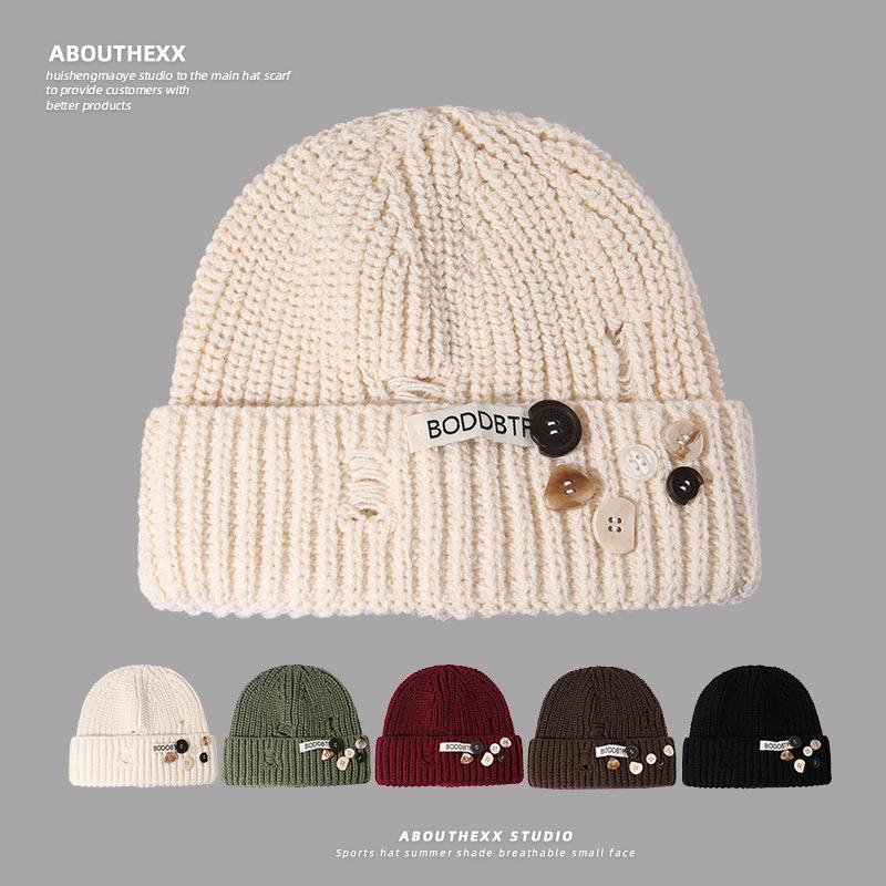 New Autumn and Winter Knitted Woolen Hats for Women Fashionable Hole In The Head Hats for Outdoor Cycling  Button Ear Protection Cold Hats for Men