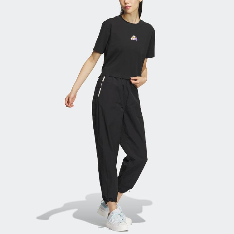 Adidas Originals Trefoil Tee With Monochrome Floral Print Details Women Tops Black IK8641