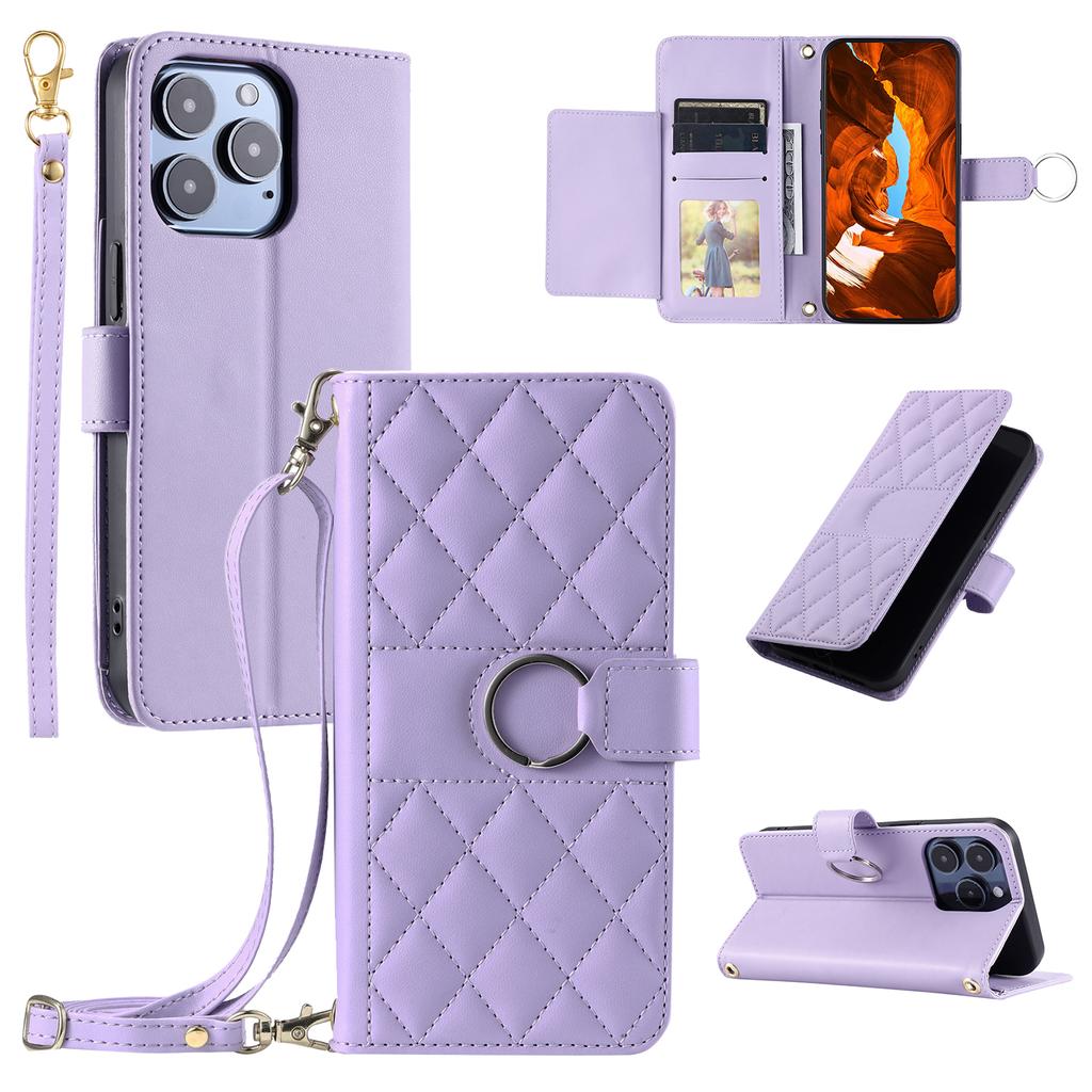 For iPhone 13 Pro Max Crossbody Leather Case Ring Buckle Wallet Stand Rhombus Mobile Cover