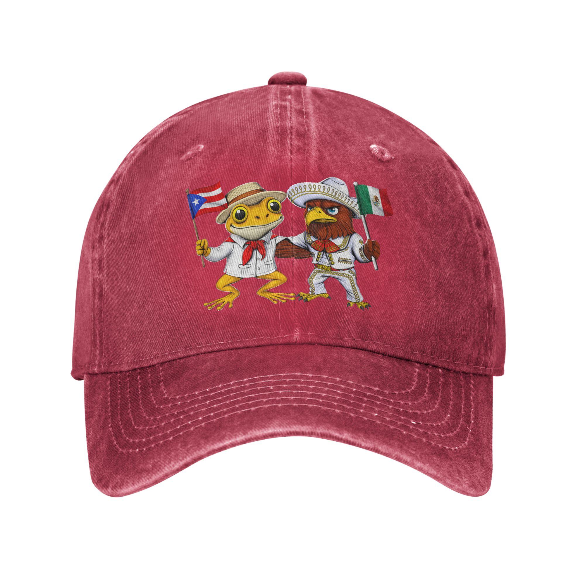 Puerto Rican Coqui Frog Mexican Eagle Mexico Flag Boricua Baseball Cap Sun Sun-Proof Washed Hip Hop Hats Men Adult Baseball Cap One Size красный
