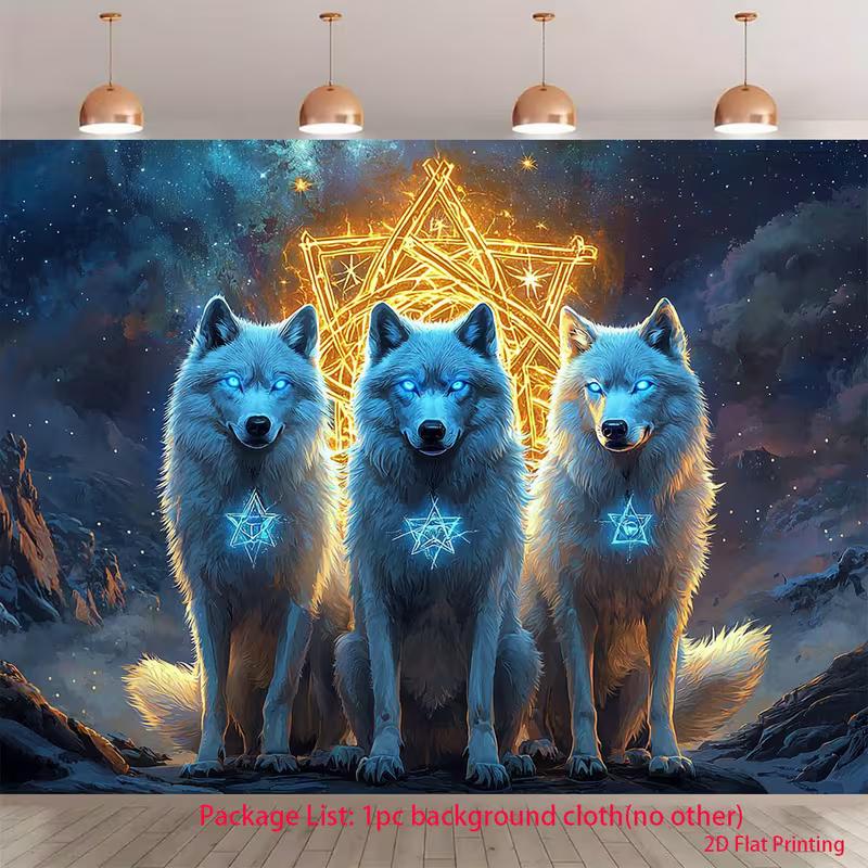 2D Glowing Blue Eyes Wolf Mystic Astrology Backdrop Gothic Party Decor Background Cloth
