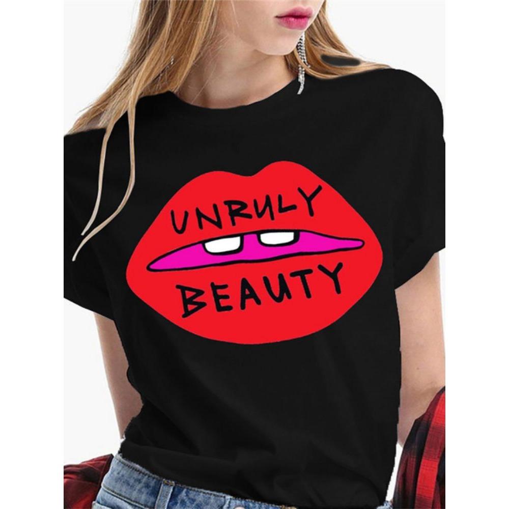 Fashion Sexy Red Lip Women T Shirt Funny Kiss Lips Print Ladies T-shirt Casual Basis O-collar Short Sleeves Female Tops Tees
