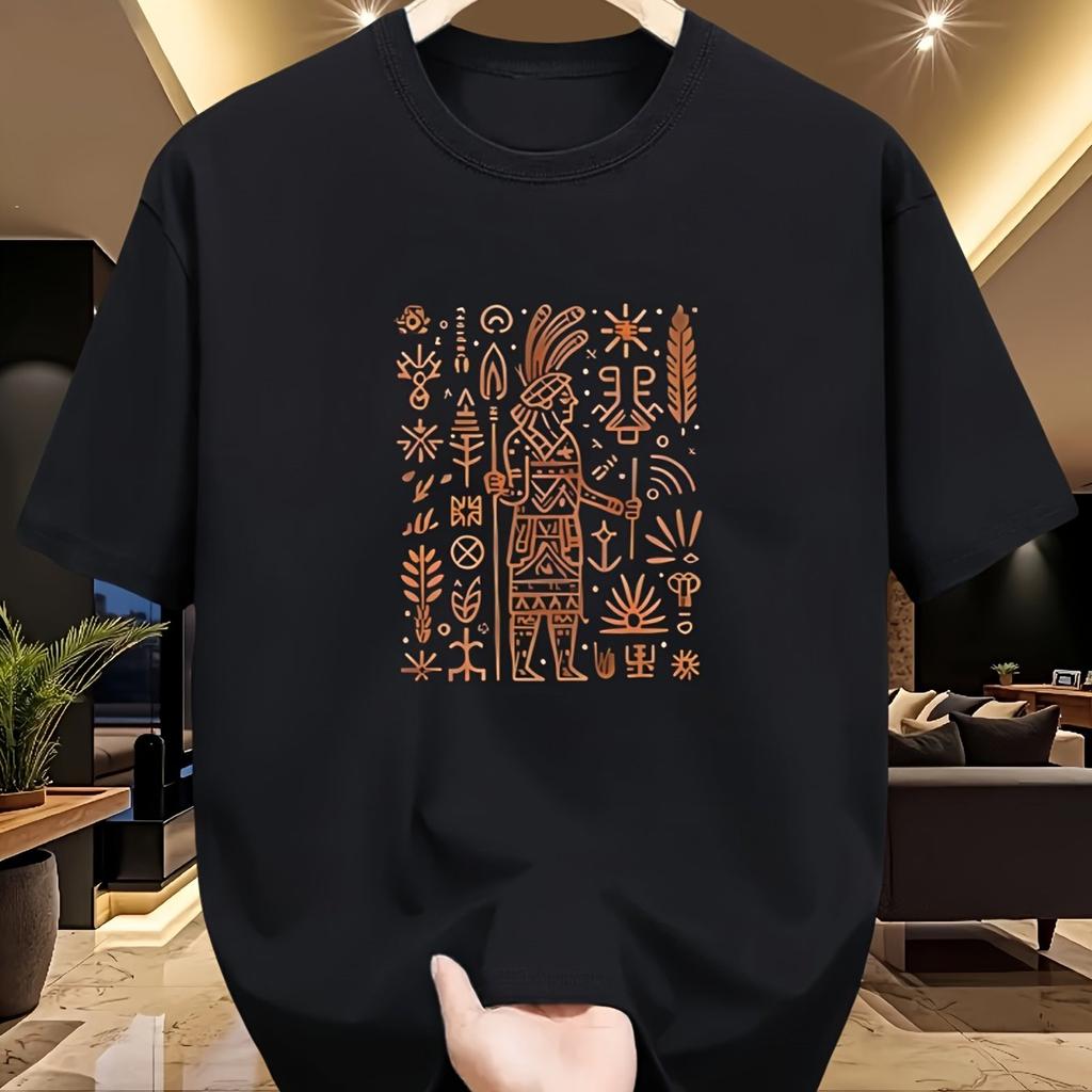 Men Cotton T-Shirt Casual Versatile Base Layer Tee Comfortable Sporty Top with Intricate Tribal Print Design Men Clothing