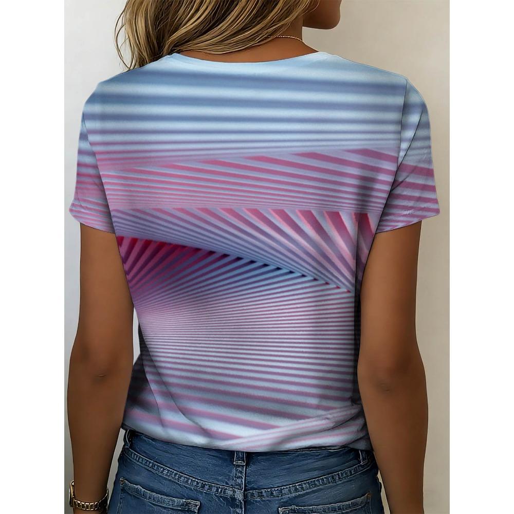 Women's Striped Gradient Casual T-shirt, Fully Printed Seamless Design, Fashionable and Soft,