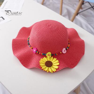 Boys Girls Sun Hat Sun-Blocking Design Breathable Beach Hat Wavy Brim Yellow Flowers Beads Weave Straw Hat