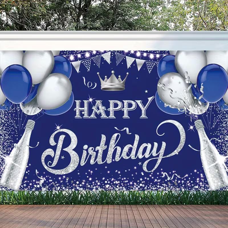2D Glitter Silver Champagne Happy Birthday Backdrop Banner for Masculine Party Supplies
