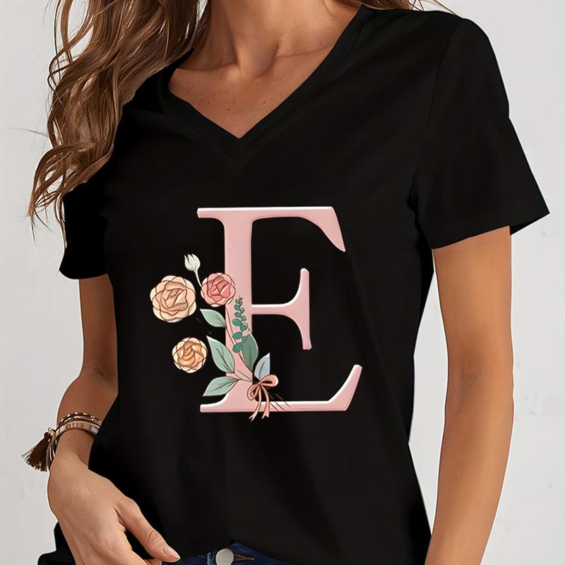 Cartoon Alphabet Flower Graphic Tee Womens Clothing Pink Flower Alphabet Gift Tshirt FeUnisex Vintage 26 Initials Flower Tshirt