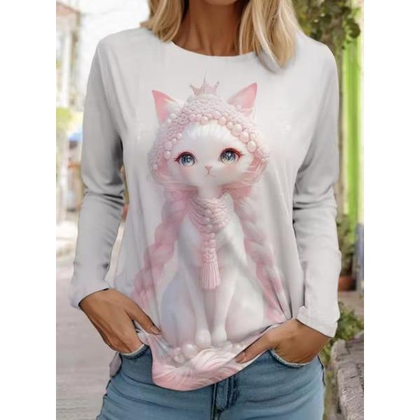 Camisetas de Mujer de Manga Larga Casuales de Moda con Cuello Redondo y Estampado de Gato Lindo con Impresión 3D para Primavera y Otoño