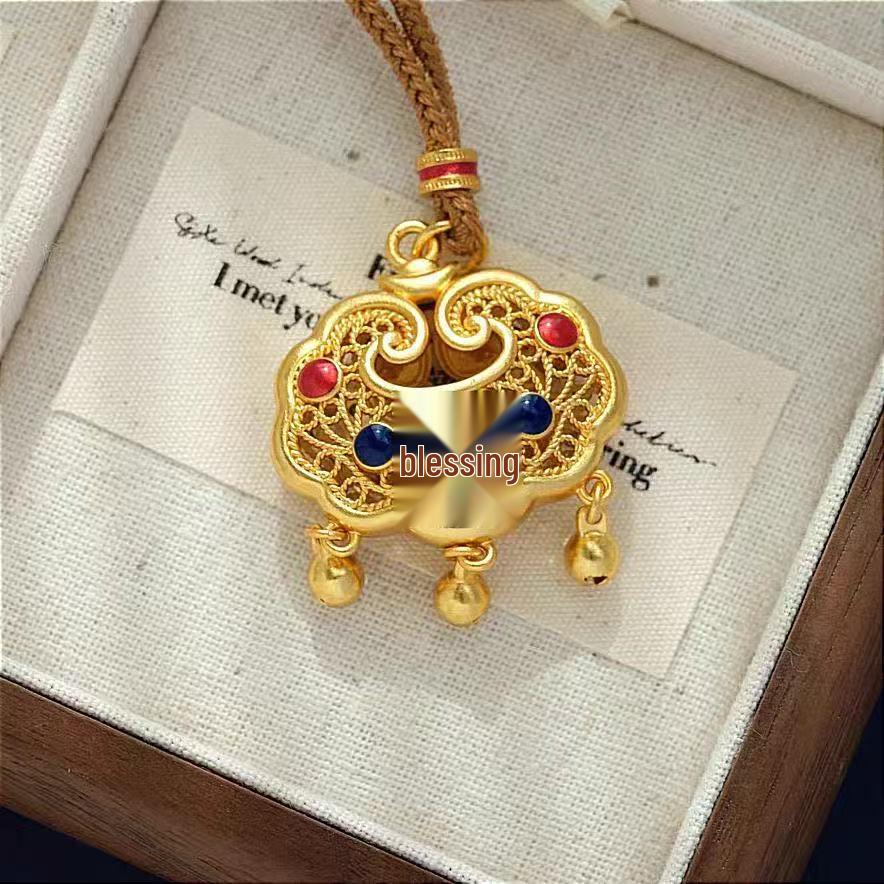 Versatile Gold Auspicious Clouds Fu Lock Pendant with Black Cord - Unisex Longevity Charm.