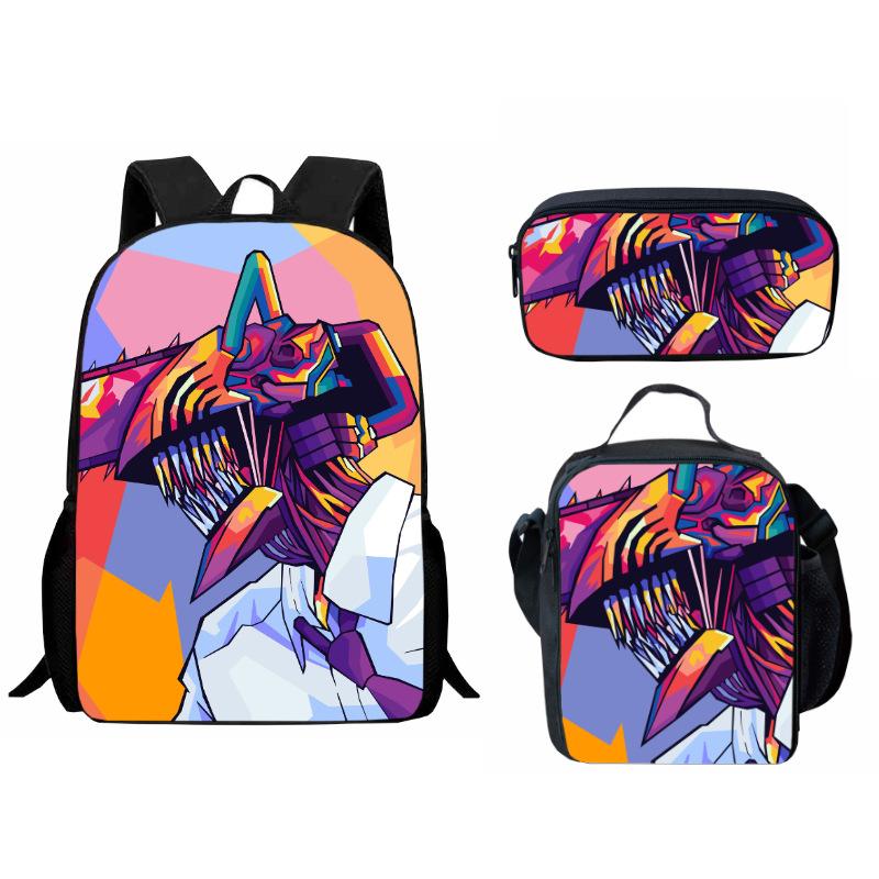 Printed Day Man Two-Dimensional Chainsaw Man Student Schoolbag Three-Piece Cartoon Backpack Lunch Bag