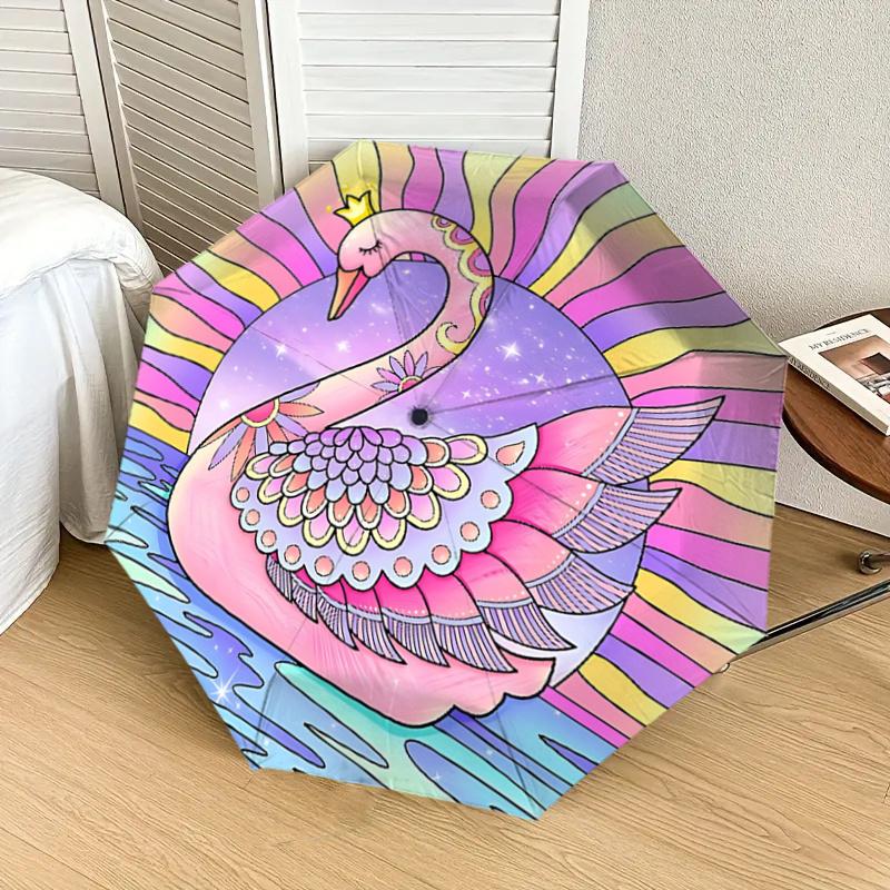Magical Swan Auto-Folding Umbrella: Rainbow Fantasy Design, Portable 3-Fold Structure with Iron Frame, Perfect for Festivals, Travelers, Dai