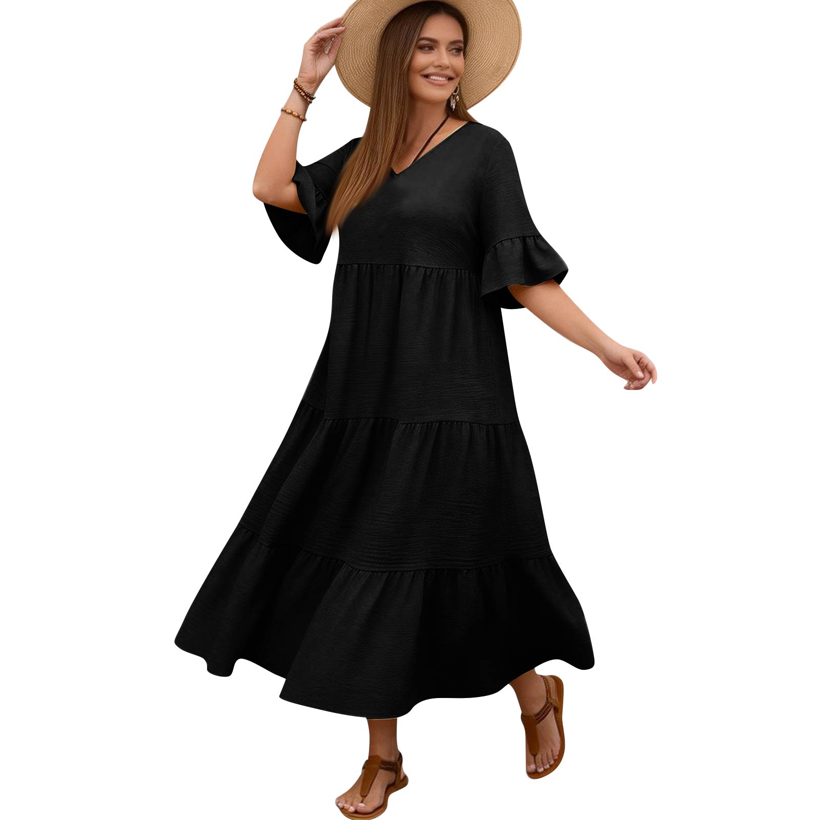 

Women s Plus Size Casual Loose Fit V Neck Short Sleeve Long Length Full Skirt Dress XXL чёрный