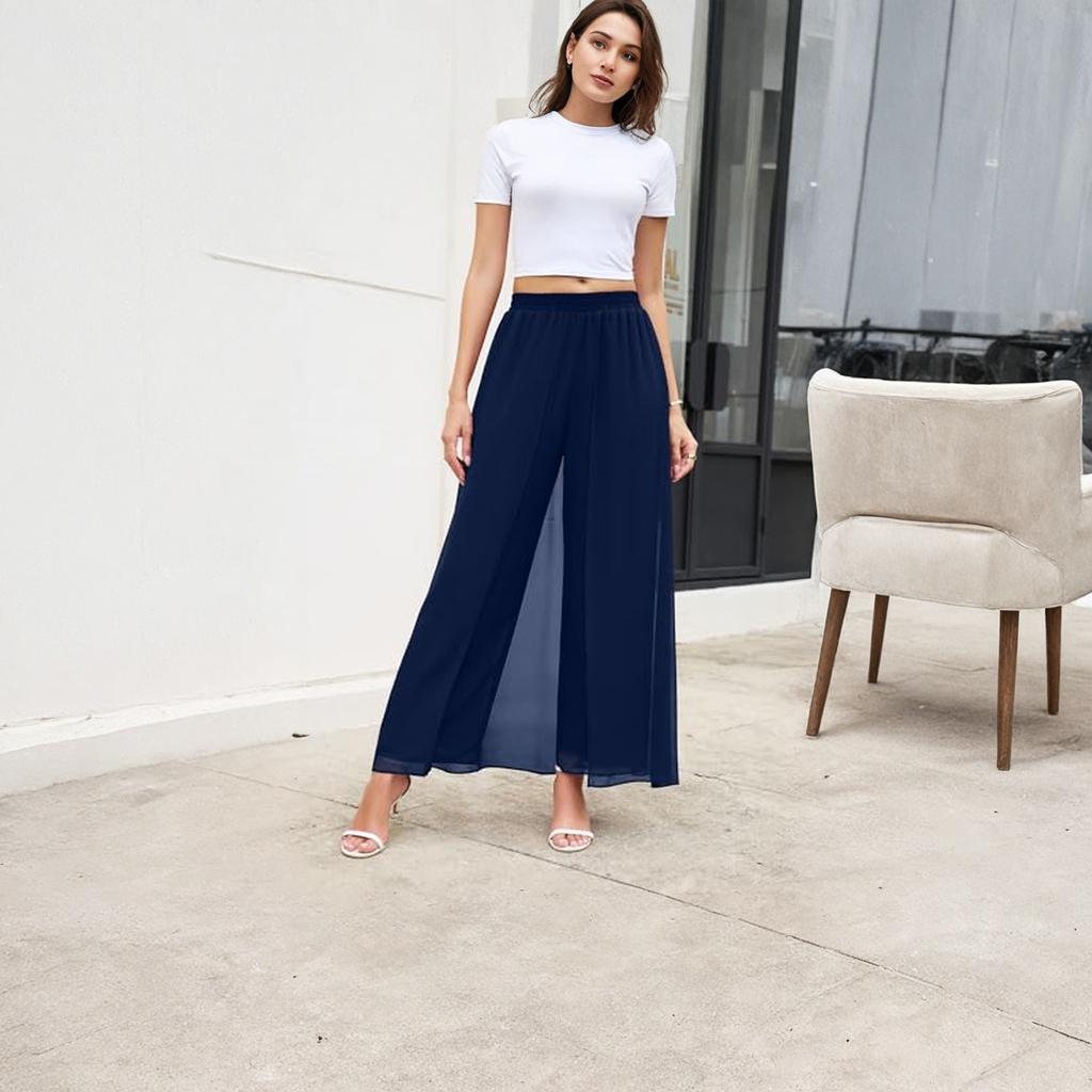 Women's Wide Leg Dress Pant Elegant Party Elastic Waist Trouser With Pockets