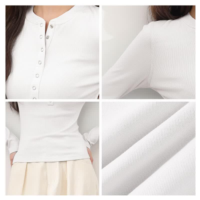 MJ STYLE Women's Ribbed Long-Sleeve Half-Open Top