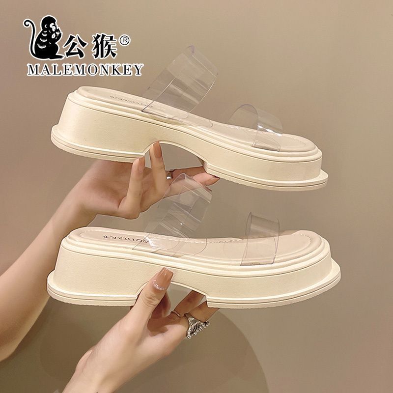 Korean Version of High-end Niche Transparent Cool Slippers Women's New Thick-soled Heightening Casual One-word Slippers In Summer 2025