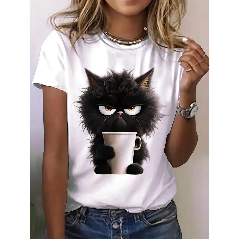 Cat Cartoon 3D Print Round Neck Short Sleeved T-shirt for Women Breathable Polyester Stretch Comfortable for Everyday