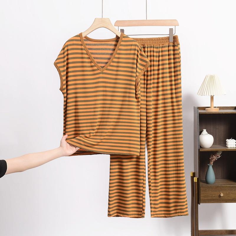 Frühlings- und Sommer-Neues Retro-Gestreiftes V-Ausschnitt Kurzarm-Shorts-Set, Locker und Lässig Übergröße Dünne Hausbekleidung