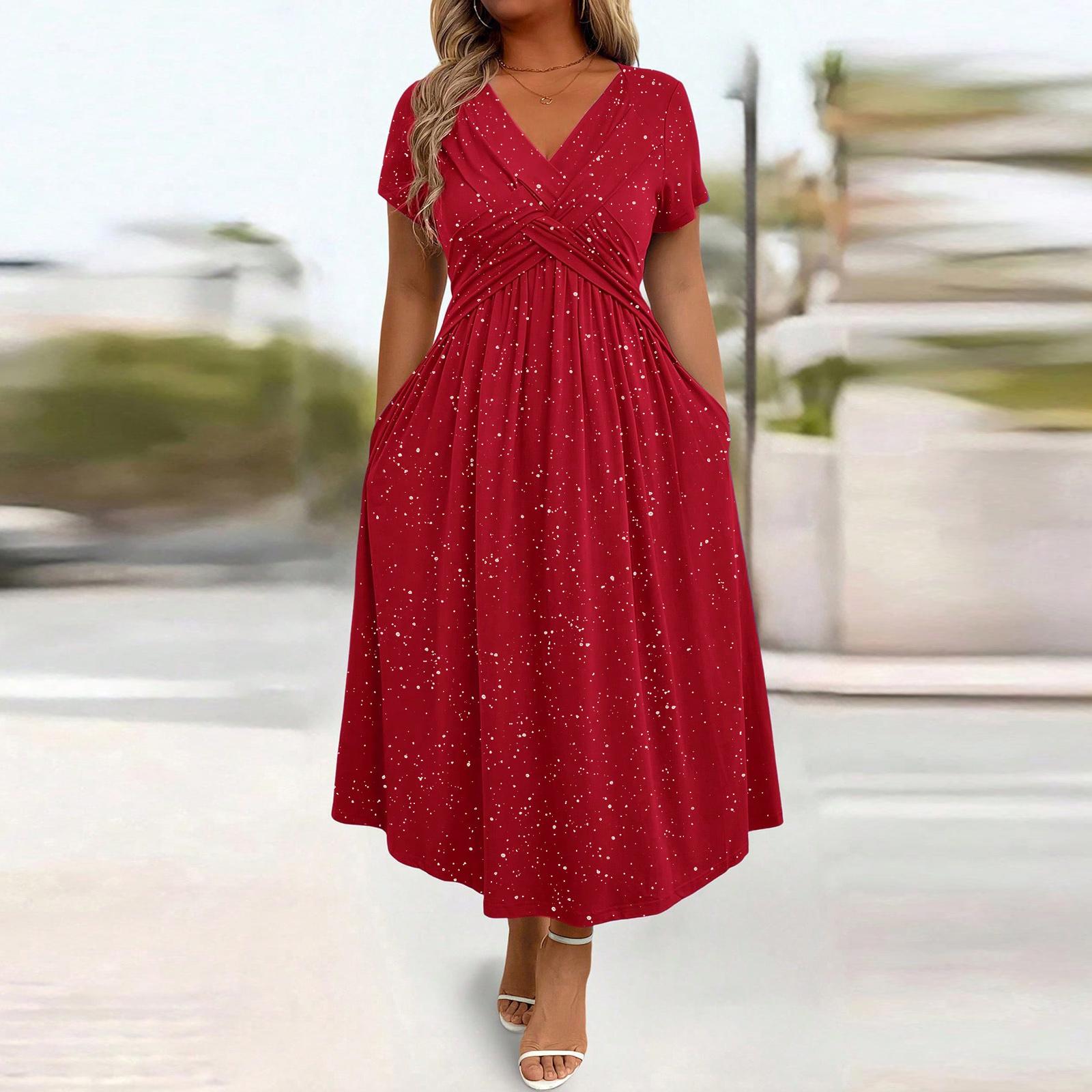 

Women s Casual Fashion R-neck Short Sleeve Retro Christmas Print Retro Dress XL червоний