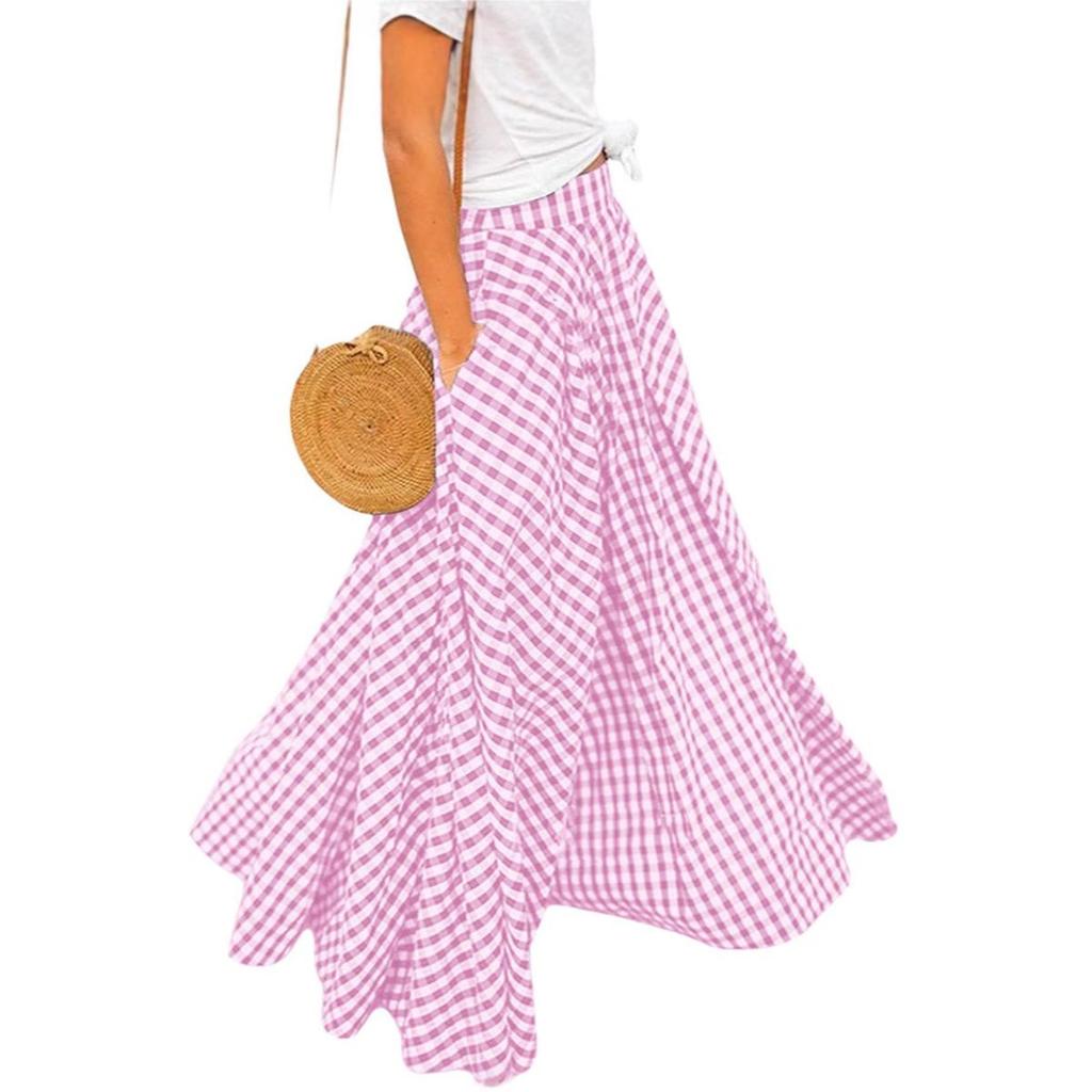 2024 Spring/Summer Elegant High-Waist Plaid Midi Skirt with Big Swing