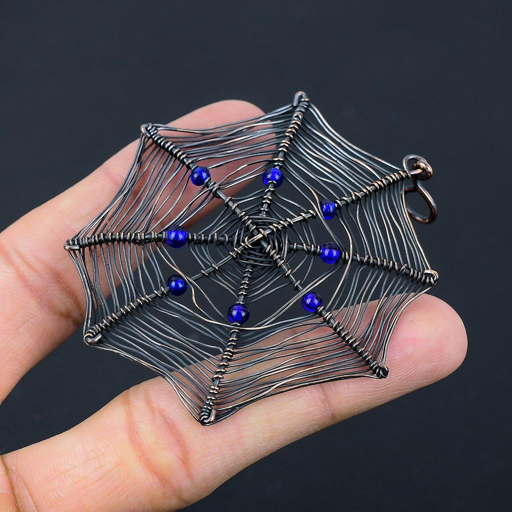Spider Web Shaped Blue Topaz Gemstone Pure Copper Wire Wrapped Handmade Pendant Jewelry
