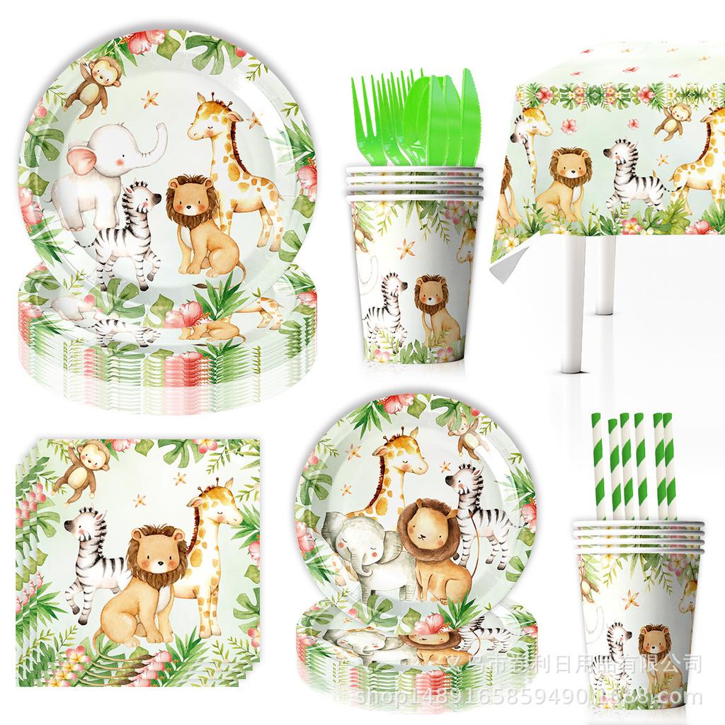 Forest Animal Themed Party Supplies Birthday Decorations Arrangement Props Paper Plates Paper Cups Paper Tissue Banners Tablecloths