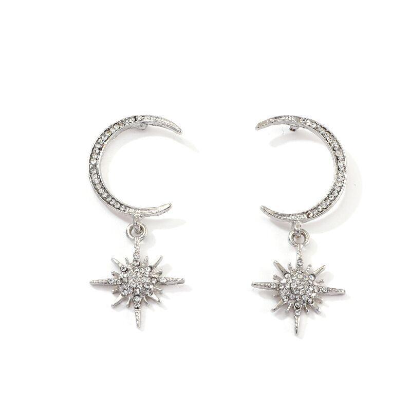 Korean Asymmetrical Star & Moon Tassel Earrings - 925 Silver Needle with Diamonds