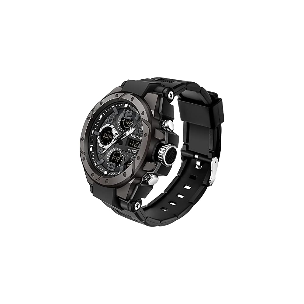 Findtime Men s Digital Analog Watch Waterproof Military Stopwatch Dual Time Alarm LED Black Silver