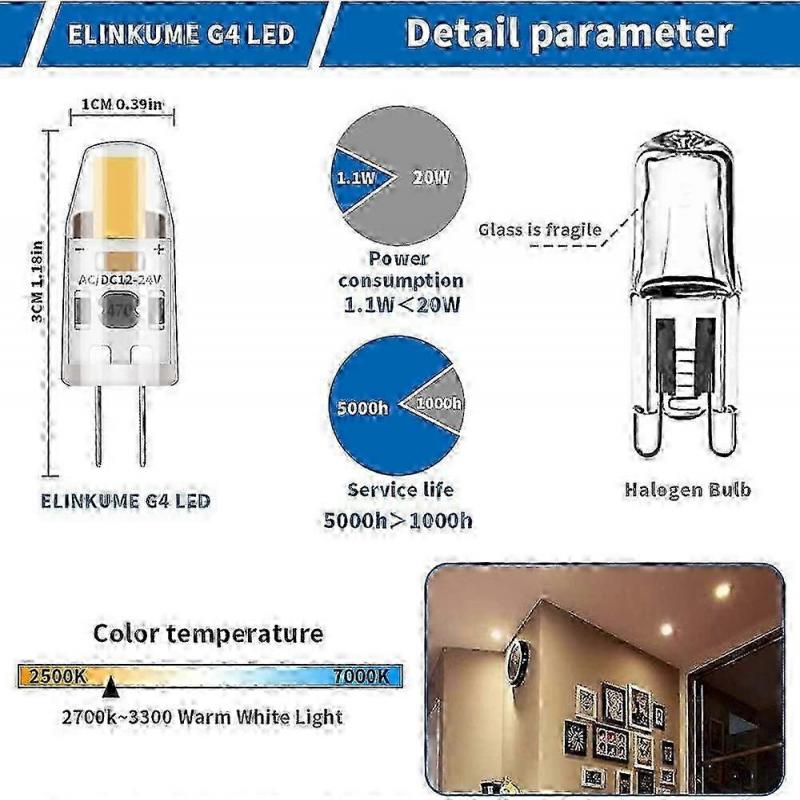 10PC LED G4 Dimmable Light Bulbs,2W Equivalent 20W Halogen Lamp, 200LM Warm White Energy Saving,NoFl