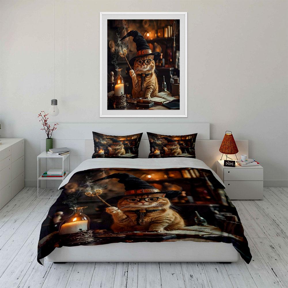 Wizard Cat Decorative Set Soft Skin-Friendly Bedding Set Includes 1 Duvet Cover And 2 Pillowcase Gift
