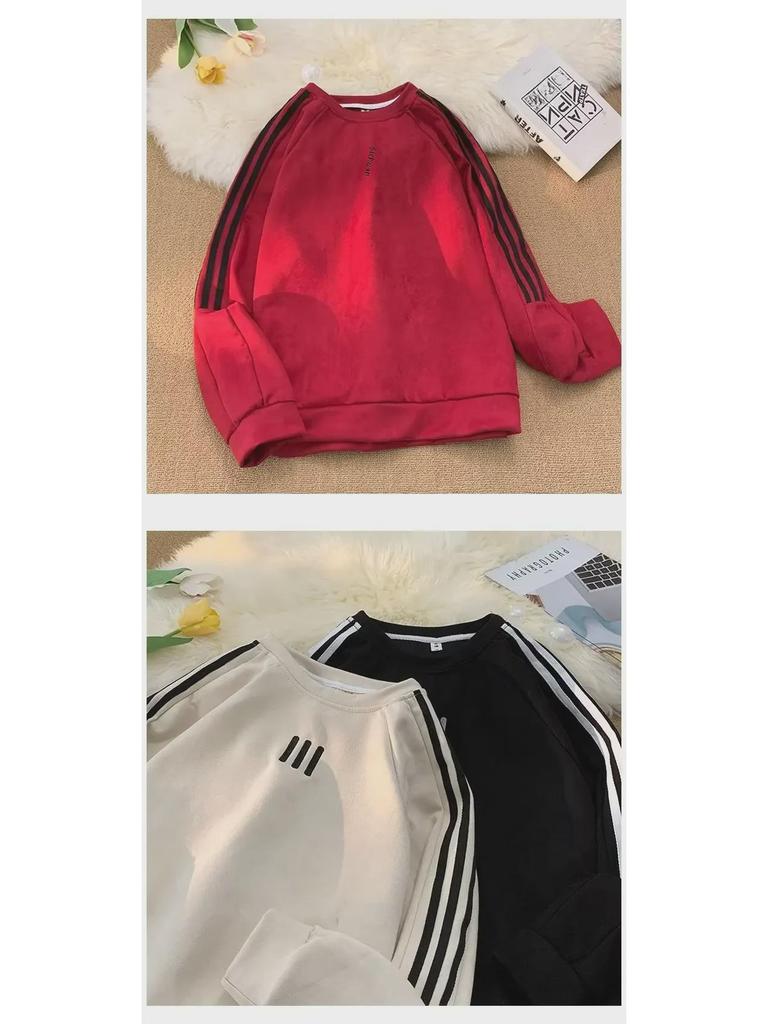 Men's Retro Striped Suede Sweatshirt – Round Neck Pullover for Spring & Autumn