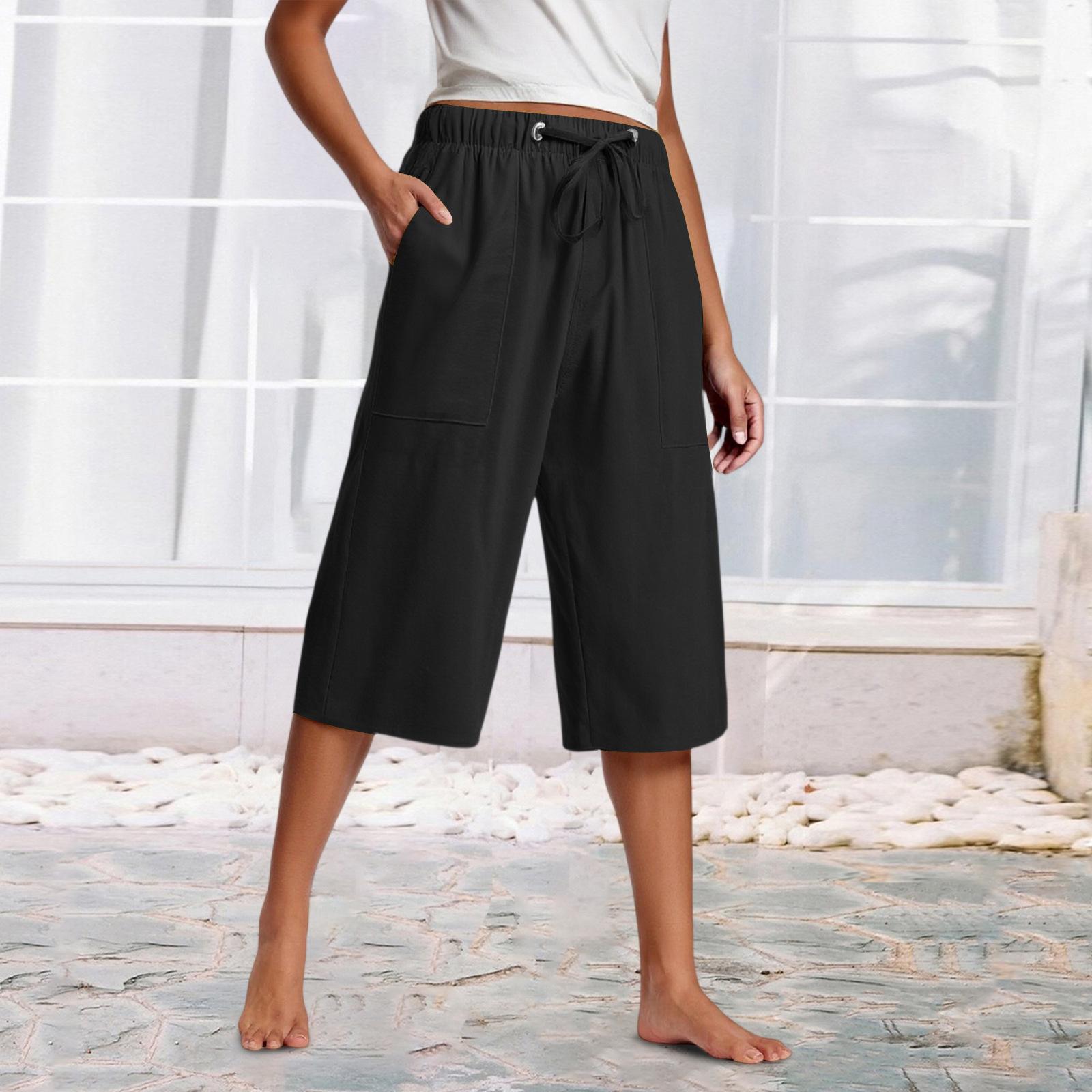 Women’s Fashionable Casual Beach-Style Cotton-Linen Cropped Trousers; Women’s Cotton-Linen Trousers S