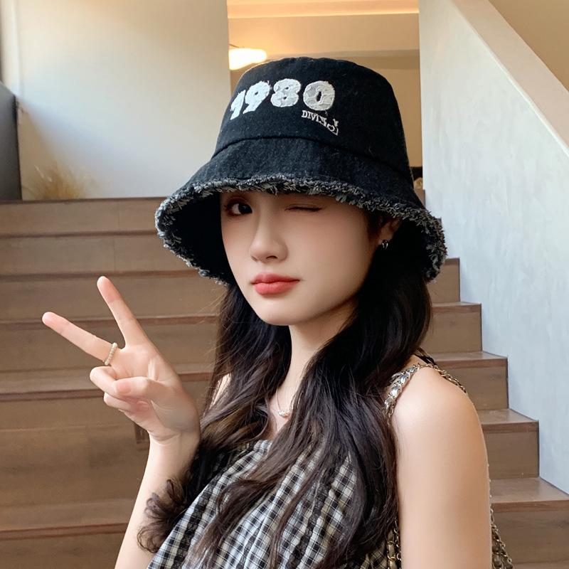 Hat women's new bucket hat denim sun hat face cover versatile letter fashion sunscreen hat