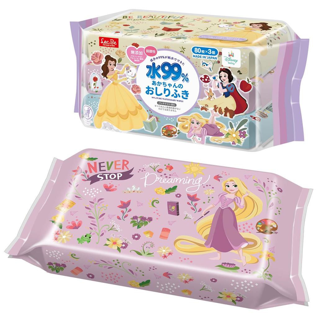 LEC Disney Pure Water Baby 80 Sheets X 3 Packs Mild Made In No Additives Propylene or 99% Wipes, (Disney Princess), Acidity, Japan, (Parabens, Glycol,