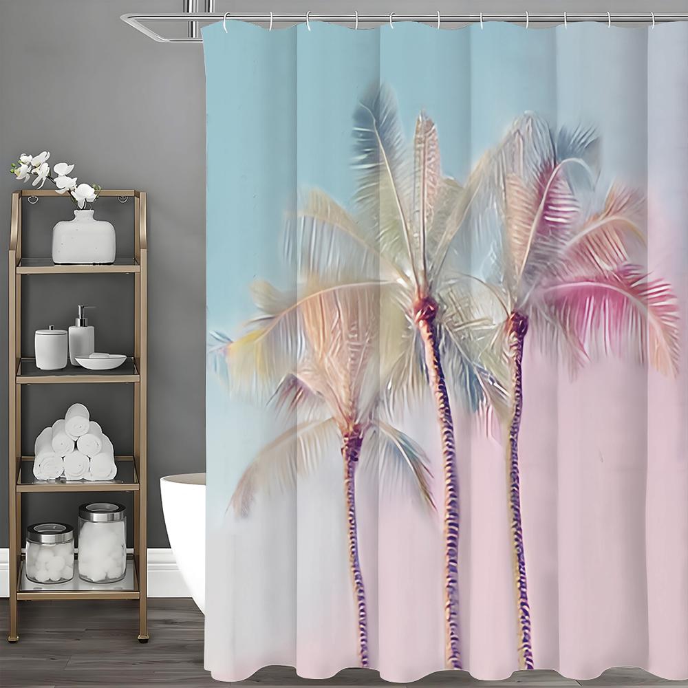 Tropical Plant Shower Curtain, Sunset Turquoise Palm Shower Curtain Summer Beach Bathroom Decorative Shower Curtain, Waterproof